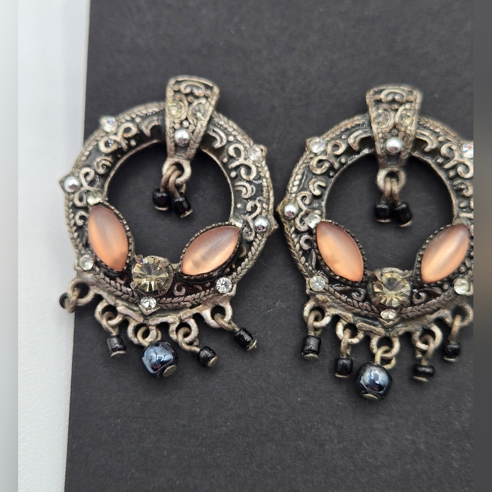 VINTAGE Fashion Earrings Gun Metal Faux Gemstones Black Rhinestone Pink - Picture 2 of 3